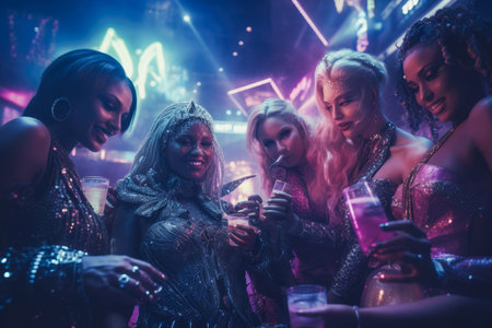 A cheerful group of friends enjoy new year party at nightclub People are drinking, dancing and having a good time at the party comeliness.の素材