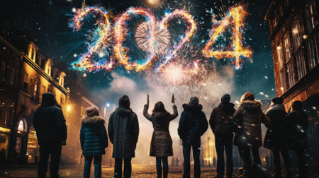 Firework explosion in the night sky celebrating happy new year 2024 . National firework shooting in the beautiful sky for a new year day of year 2024 .の素材