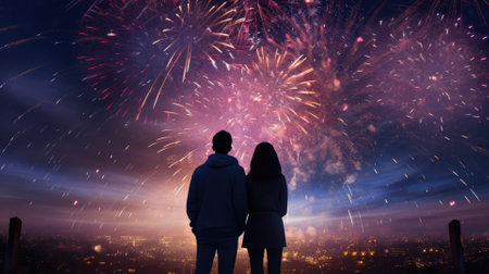 Happy people looking up to the sky with firework in new year 2024 night celebrate happy new year festival 2024 comeliness.の素材