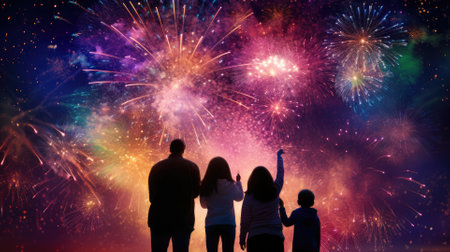 Happy people looking up to the sky with firework in new year 2024 night celebrate happy new year festival 2024 comeliness.の素材