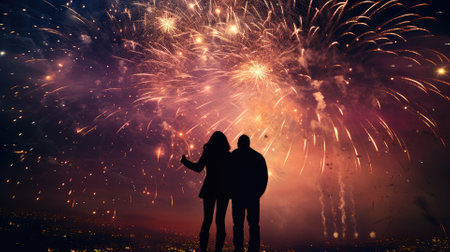 Happy people looking up to the sky with firework in new year 2024 night celebrate happy new year festival 2024 comeliness.の素材