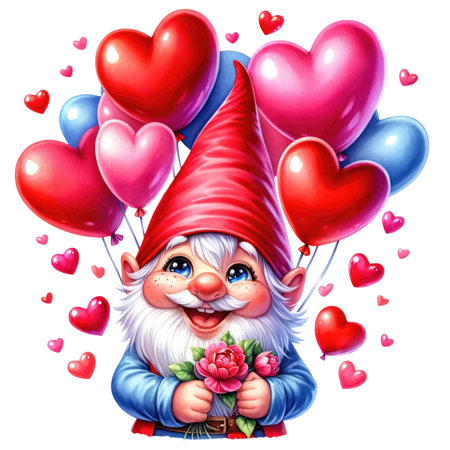 Valentines gnome, love Nordic gnome, Scandinavian gnomes, Watercolor cute valentines day postcard. Vellichor.の素材