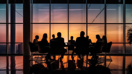 Silhouettes of group of business people against sunset comelinessの素材