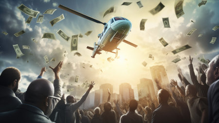 money drop from air to people in the city comeliness, concept of recession rescue by monetization economyの素材