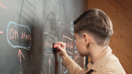 Panorama shot of smart boy writing engineering prompt on blackboard. Attractive student planing a project by using coding and programing system in STEM technology innovative class. Closeup. Erudition.の写真素材
