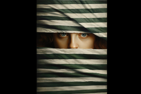 Scary eye peek out of strip lines abstract concept of unhappy vision minimal comelinessの素材