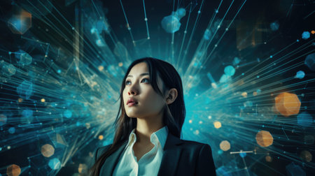 Tech analyst study cyber data chart from corporate system for statistical analytic defining marketing plan and strategy to compete in futuristic technology businessの素材