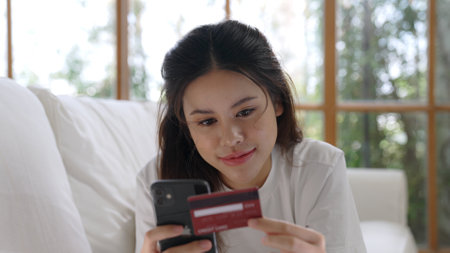 Woman shopping or pay online on internet marketplace browsing for sale items for modern lifestyle...