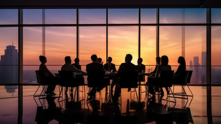 Silhouettes of group of business people against sunset comelinessの素材