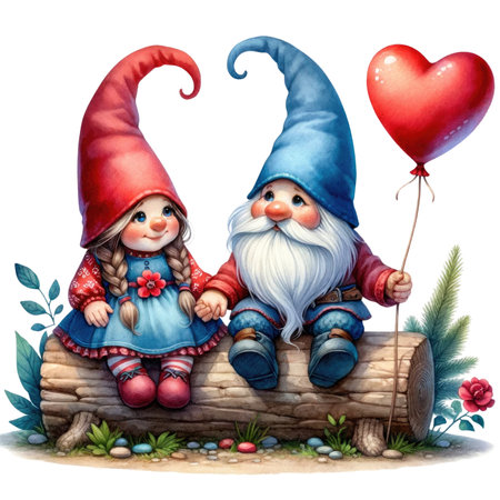 Valentines gnome, love Nordic gnome, Scandinavian gnomes, Watercolor cute valentines day postcard. Vellichor.の素材
