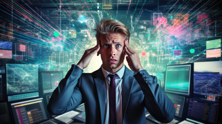 Business person overloaded by stress from business data and information that come from work, technology, social media and marketing business strategy received by a corporate employeeの素材