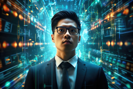 Business person overloaded by stress from business data and information that come from work, technology, social media and marketing business strategy received by a corporate employeeの素材