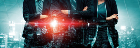 Double exposure image of many business people conference group meeting on city office building in...