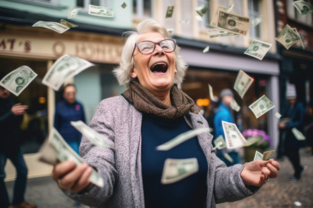 Happy person getting bonus money and banknotes flying in the air and get lucky rich and financial freedom comelinessの素材