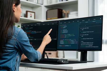 Young Asian girl of IT developer pointing online information on pc with coding program data application on website project, wearing jeans shirt. surrounded by safety programing two screens. Stratagem.の写真素材