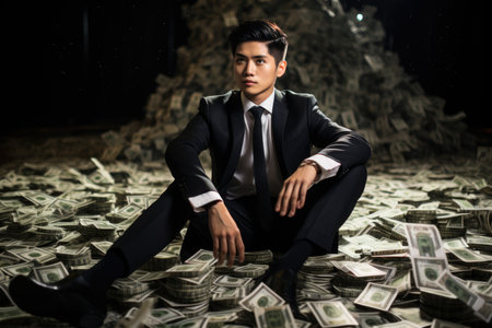 Billionaire on Huge Pile of Banknotes Rich and Prosperity Comelinessの素材