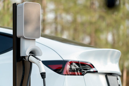 EV electric vehicle recharging battery from EV charging station in national park or outdoor autumn...