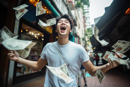 Happy person getting bonus money and banknotes flying in the air and get lucky rich and financial freedom comelinessの素材
