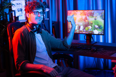 Host channel of young gaming streamer looking at camera to present fighting Moba battle arena game...