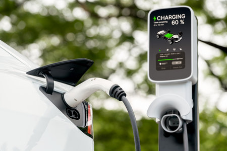 EV electric vehicle recharging battery from EV charging station in national park or outdoor forest...