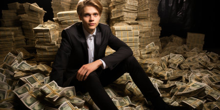Billionaire on Huge Pile of Banknotes Rich and Prosperity Comelinessの素材