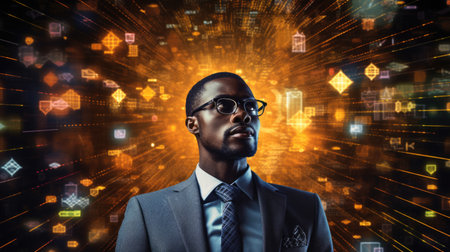 Business person overloaded by stress from business data and information that come from work, technology, social media and marketing business strategy received by a corporate employeeの素材