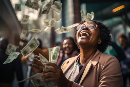 Happy person getting bonus money and banknotes flying in the air and get lucky rich and financial freedom comelinessの素材