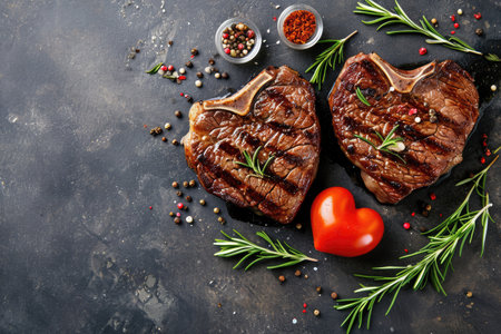 grilled beef steak for valentines day pragma in black backgroundの素材