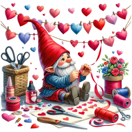 Valentines gnome, love Nordic gnome, Scandinavian gnomes, Watercolor cute valentines day postcard. Vellichor.の素材