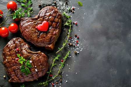 grilled beef steak for valentines day pragma in black backgroundの素材
