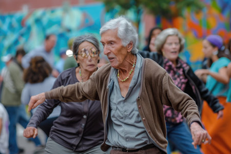 senior people dance on the street in fun festival pragma , happy retirement conceptの素材