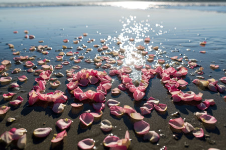 romantic beach of love rose petals on the coastline wide view pragmaの素材