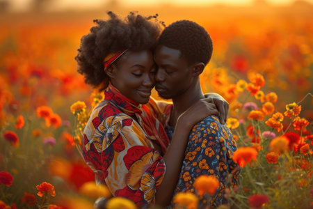 beautiful romance of lovers on valentines day in nature outdoors embracing with affection pragma . african american black people .の素材