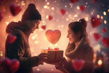 romantic couple giving valentines day gift of pragma love on valentine festivalの素材