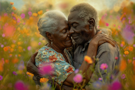 beautiful romance of lovers on valentines day in nature outdoors embracing with affection pragma . african american black people .の素材