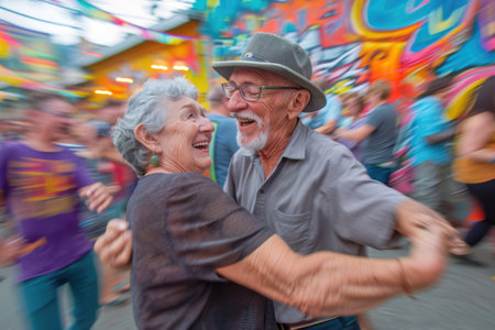 senior people dance on the street in fun festival pragma , happy retirement conceptの素材