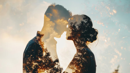 young couple in love , beautiful nature background , valentines day pragmaの素材