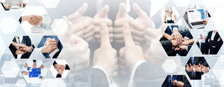 Teamwork and human resources HR management technology concept in corporate business with people group networking to support partnership, trust, teamwork and unity of coworkers in office vexelの写真素材