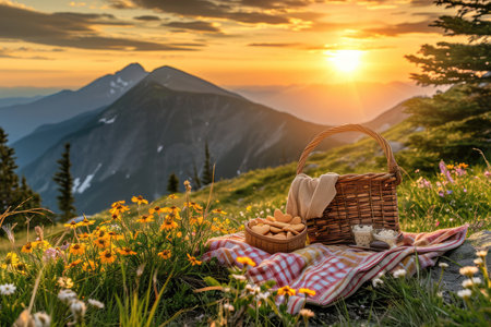 romantic sunrise mountain hiking with love of travel pragmaの素材