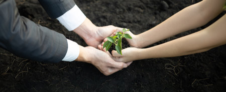 Businessman grow and nurture plant on fertilized soil with young boy as eco company committed to corporate social responsible, reduce CO2 emission and embrace ESG principle for sustainable future.Gyreの写真素材