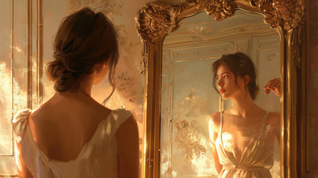 young woman looking herself in beautiful mirror pragmaの素材