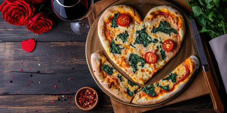 Heart shaped pizza for Valentines day on dark rustic wooden background pragmaの素材