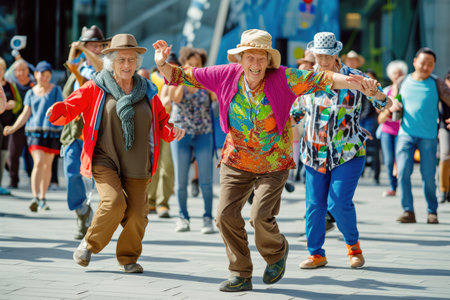 senior people dance on the street in fun festival pragma , happy retirement conceptの素材