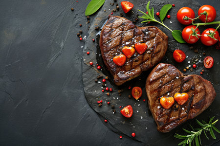 grilled beef steak for valentines day pragma in black backgroundの素材