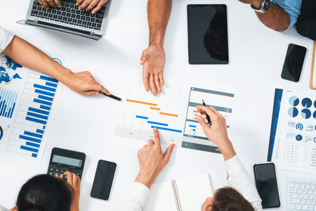 Top view project manager communicate and collaborate with team using project management software,...