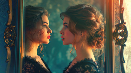 young woman looking herself in beautiful mirror pragmaの素材
