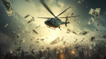 money drop from air to people in the city comeliness, concept of recession rescue by monetization economyの素材