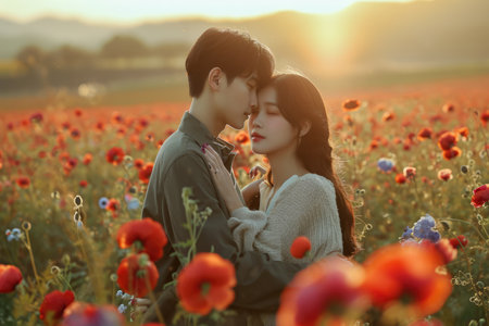 beautiful romance of lovers on valentines day in nature outdoors embracing with affection pragma . asian japanese or chinese people .の素材