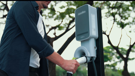 Man recharging battery for electric car during road trip travel EV car in natural forest or national...