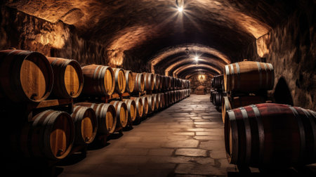 Several barrels of wine in a wine cellar in a traditional underground winery comelinessの素材